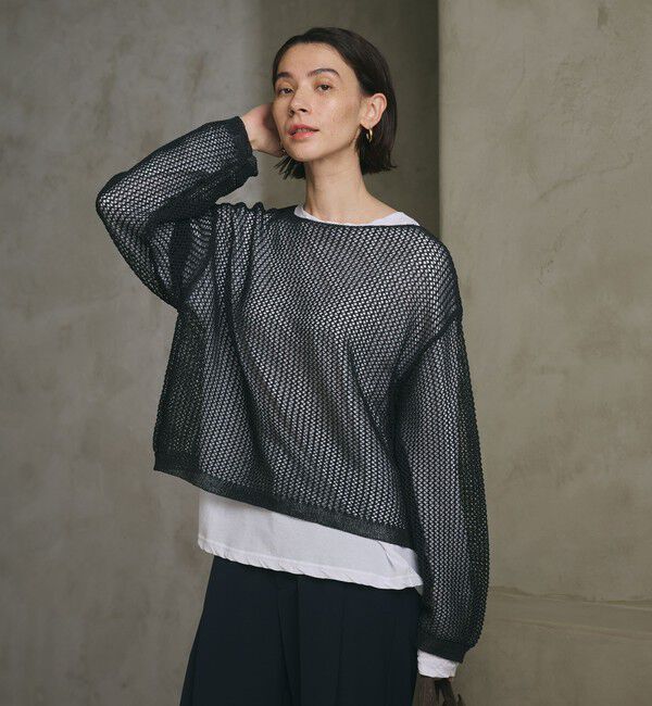 BEAUTY&YOUTH UNITED ARROWS「ペーパーメッシュ ショートワイド ニットプルオーバー ウォッシャブル」|ニット・セーター|BLACK
