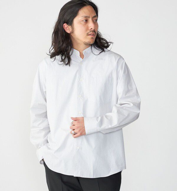 SHIPS「SHIPS: バンドカラー スーピマ コットン ポプリン ストライプ 長袖 シャツ」|シャツ・ブラウス|ホワイト