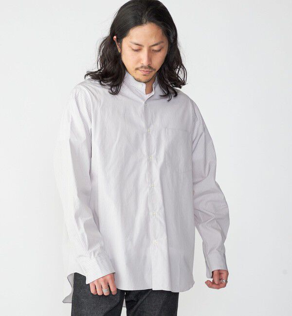 SHIPS「SHIPS: バンドカラー スーピマ コットン ポプリン ストライプ 長袖 シャツ」|シャツ・ブラウス|ライトグレー