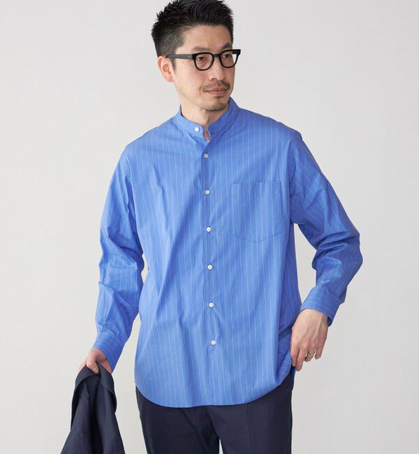 SHIPS「SHIPS: バンドカラー スーピマ コットン ポプリン ストライプ 長袖 シャツ」|シャツ・ブラウス|ブルー系