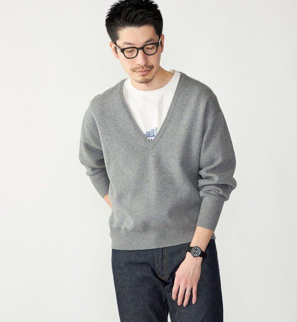 SHIPS「SHIPS: ダブルフェイス コットンカシミヤ Vネック 長袖 ニット」|ニット・セーター|グレー