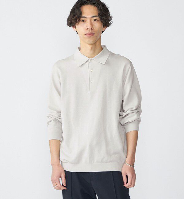 SHIPS「SHIPS:〈手洗い可能/抗菌防臭〉16ゲージ インレイ ロングスリーブ ポロニット」|ニット・セーター|ライトグレー