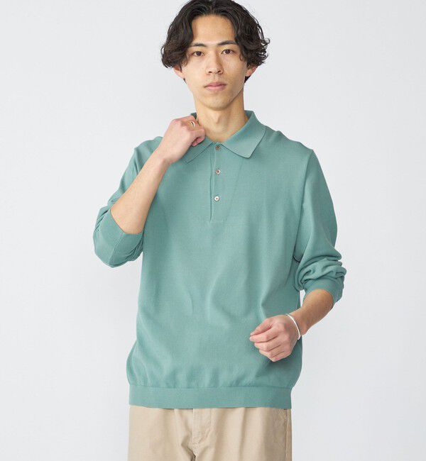 SHIPS「SHIPS:〈手洗い可能/抗菌防臭〉16ゲージ インレイ ロングスリーブ ポロニット」|ニット・セーター|グリーン