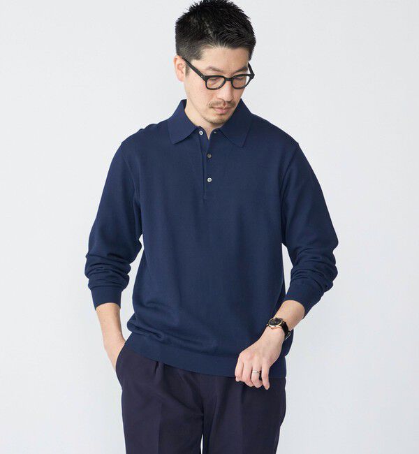 SHIPS「SHIPS:〈手洗い可能/抗菌防臭〉16ゲージ インレイ ロングスリーブ ポロニット」|ニット・セーター|ネイビー