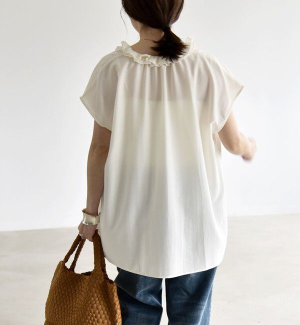 quaranciel「《追加予約》quaranciel:〈洗濯機可能〉フリルカラー リボン フレンチスリーブ ブラウス」|シャツ・ブラウス|