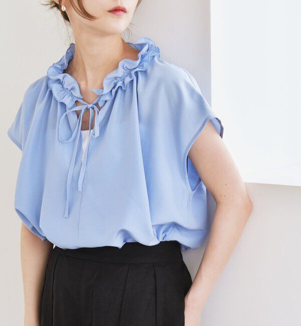 quaranciel「《追加予約》quaranciel:〈洗濯機可能〉フリルカラー リボン フレンチスリーブ ブラウス」|シャツ・ブラウス|