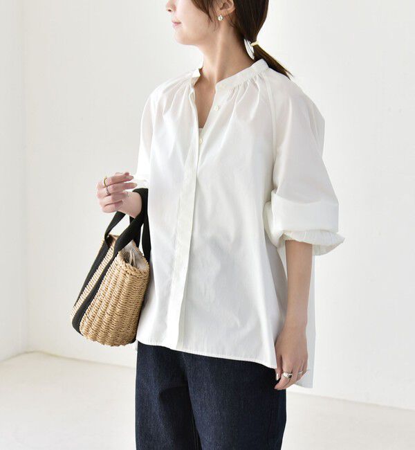 quaranciel「quaranciel:〈洗濯機可能〉REPREVE バンドカラー ギャザー パフ シャツ ブラウス」|シャツ・ブラウス|