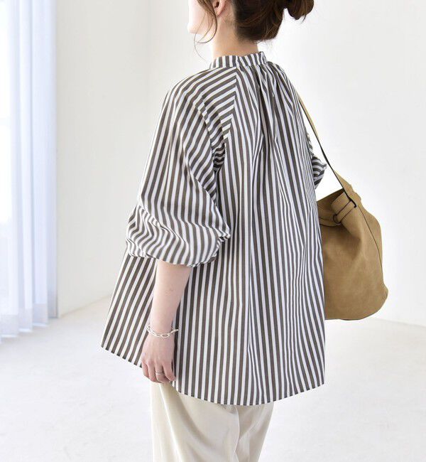 quaranciel「quaranciel:〈洗濯機可能〉REPREVE バンドカラー ギャザー パフ シャツ ブラウス」|シャツ・ブラウス|