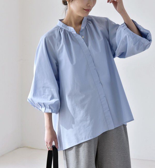 quaranciel「quaranciel:〈洗濯機可能〉REPREVE バンドカラー ギャザー パフ シャツ ブラウス」|シャツ・ブラウス|