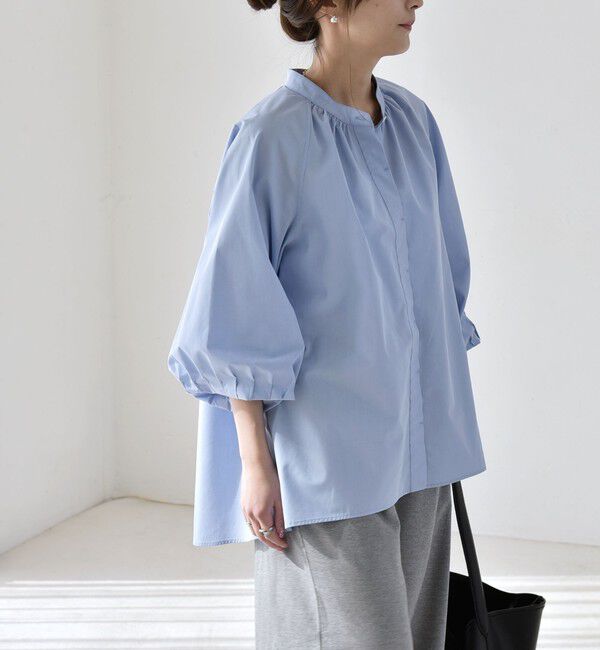 quaranciel「quaranciel:〈洗濯機可能〉REPREVE バンドカラー ギャザー パフ シャツ ブラウス」|シャツ・ブラウス|