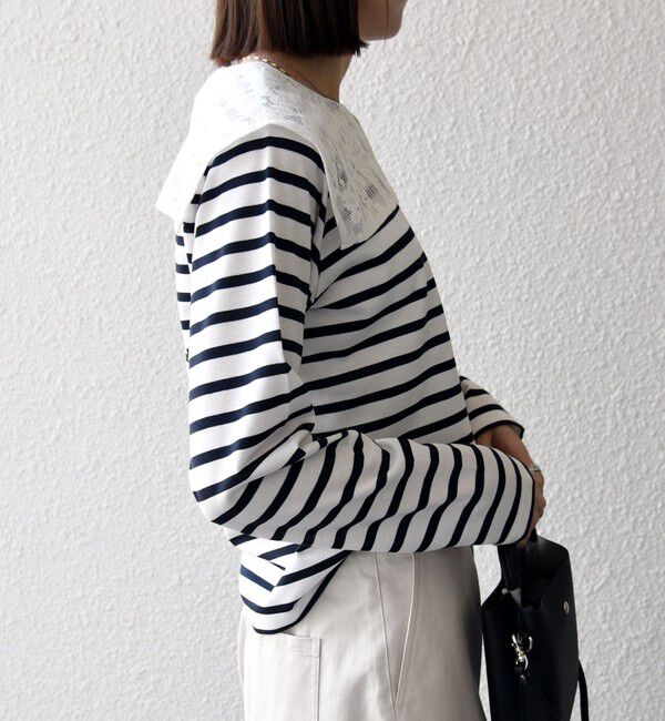 SHIPS any「SHIPS any:〈洗濯機可能〉マリンボーダー レース 襟 プルオーバー」|Tシャツ・カットソー|