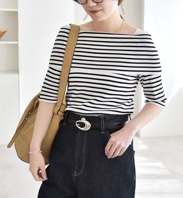 quaranciel「《予約》quaranciel:〈洗濯機可能〉オフショルダー ハーフスリーブ リブ ニット」|ニット・セーター|