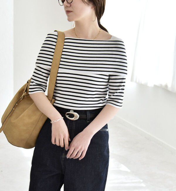 quaranciel「《予約》quaranciel:〈洗濯機可能〉オフショルダー ハーフスリーブ リブ ニット」|ニット・セーター|