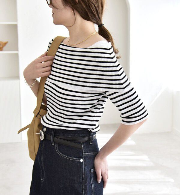 quaranciel「《予約》quaranciel:〈洗濯機可能〉オフショルダー ハーフスリーブ リブ ニット」|ニット・セーター|