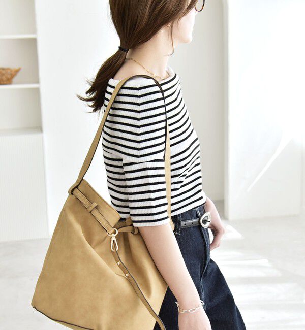 quaranciel「《予約》quaranciel:〈洗濯機可能〉オフショルダー ハーフスリーブ リブ ニット」|ニット・セーター|