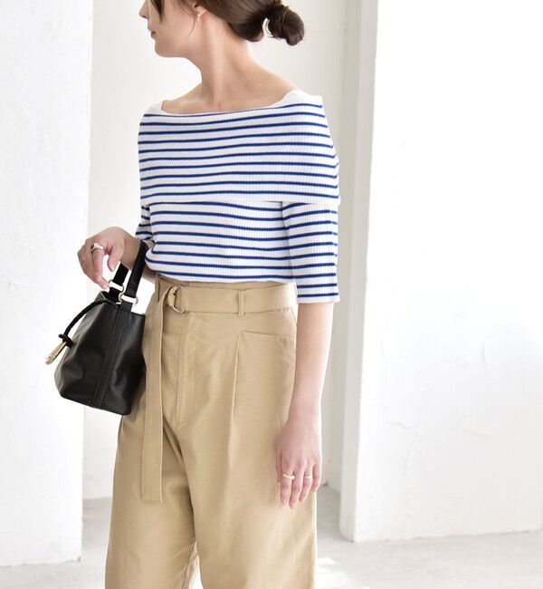 quaranciel「《予約》quaranciel:〈洗濯機可能〉オフショルダー ハーフスリーブ リブ ニット」|ニット・セーター|