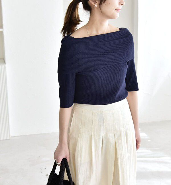 quaranciel「《予約》quaranciel:〈洗濯機可能〉オフショルダー ハーフスリーブ リブ ニット」|ニット・セーター|