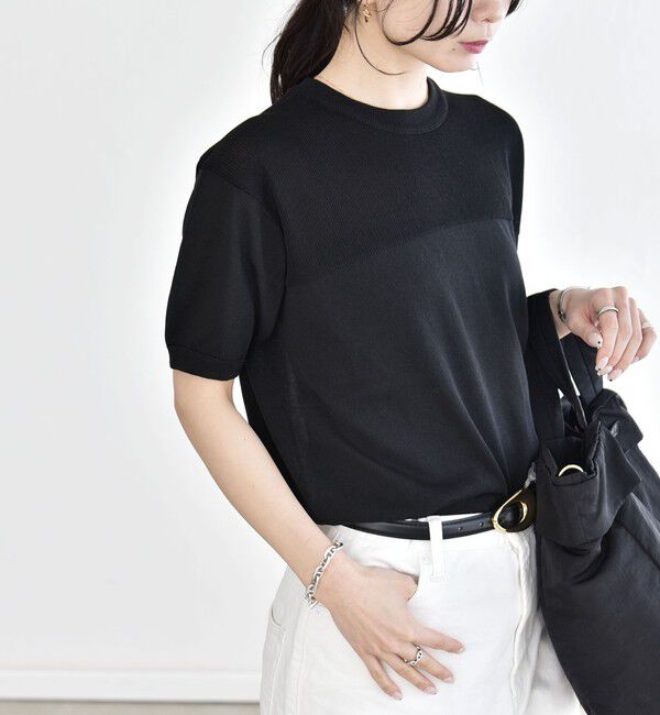 quaranciel「《予約》quaranciel:〈接触冷感/手洗い可能〉コンパクト シアー ニット TEE」|ニット・セーター|ブラック