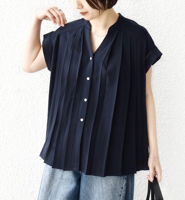 SHIPS for women「《予約》【WEB限定】〈手洗い可能〉ストレッチ ジョーゼット プリーツ スキッパー ブラウス」|シャツ・ブラウス|ダークブルー
