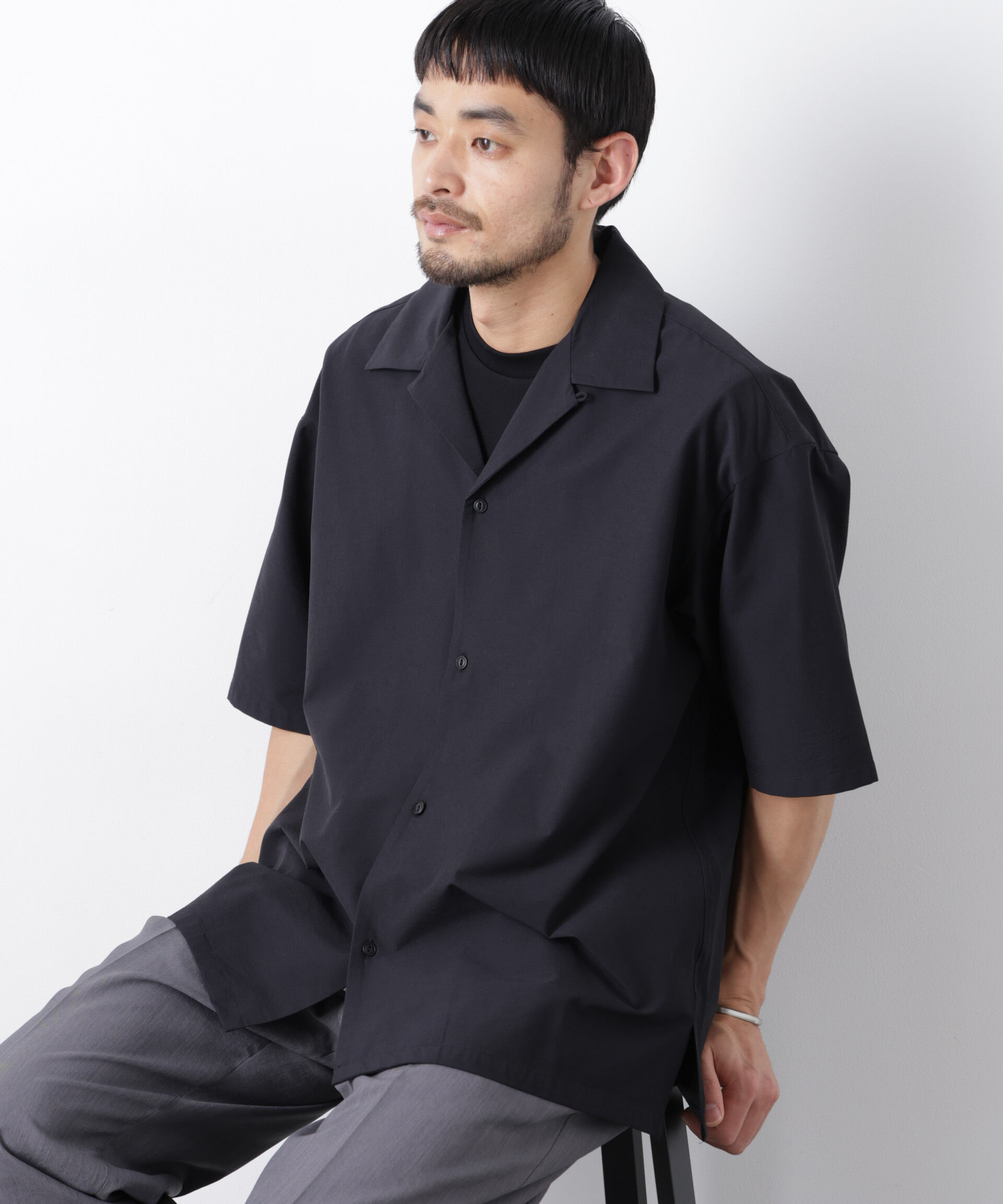 nano･universe「ストレッチワイド オープンカラーシャツ 半袖」|シャツ・ブラウス|ブラック