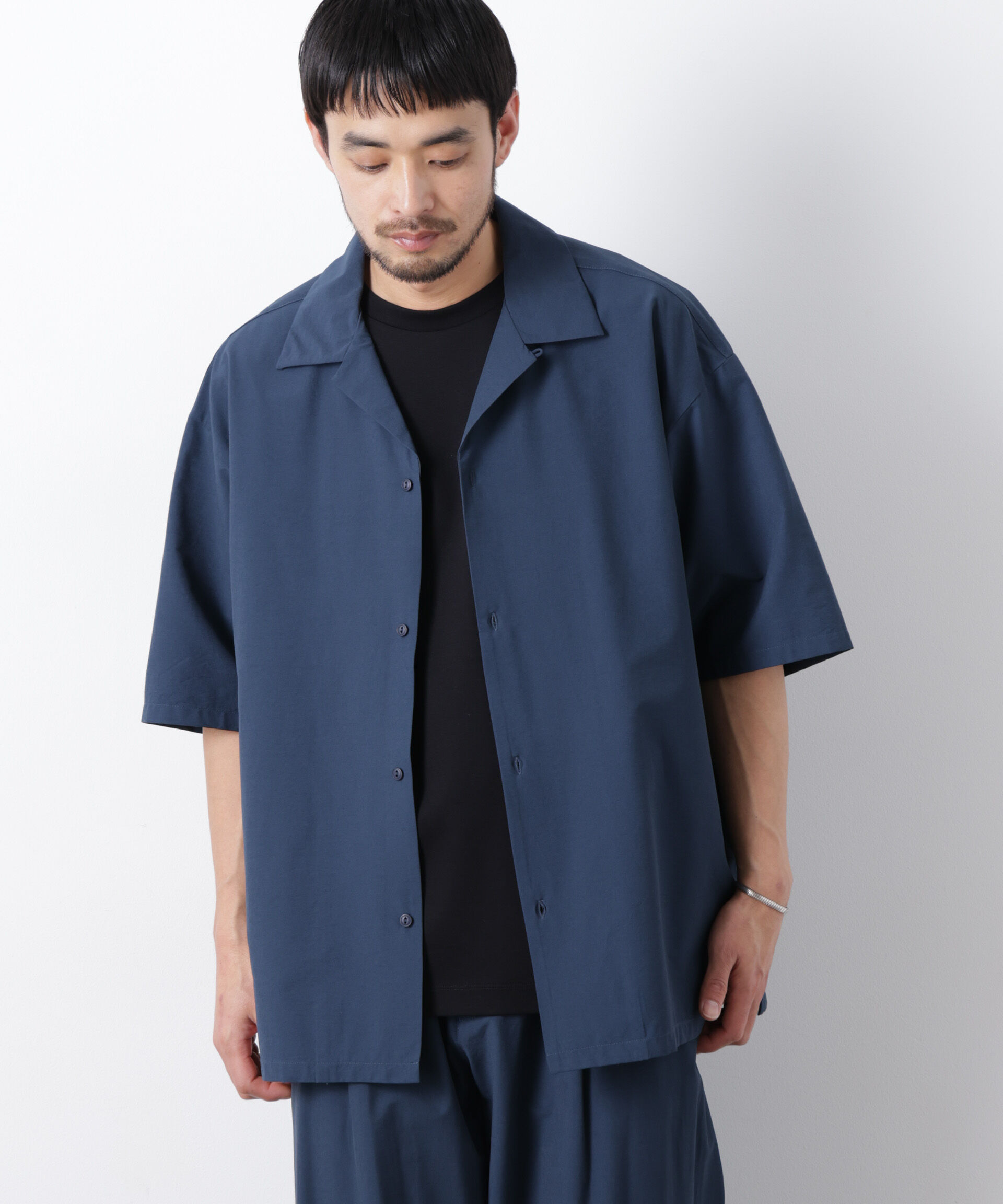 nano･universe「ストレッチワイド オープンカラーシャツ 半袖」|シャツ・ブラウス|ネイビー