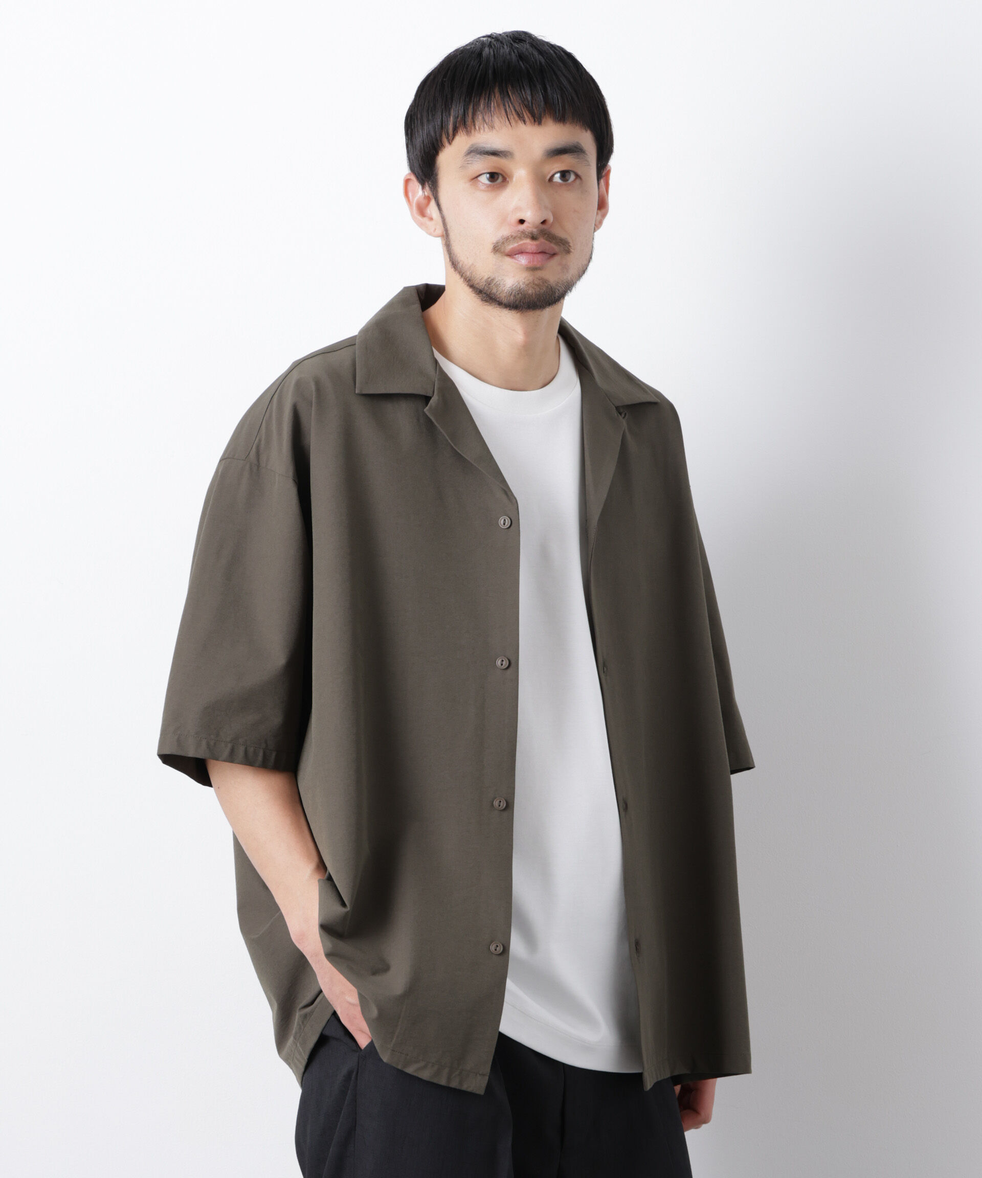 nano･universe「ストレッチワイド オープンカラーシャツ 半袖」|シャツ・ブラウス|カーキ