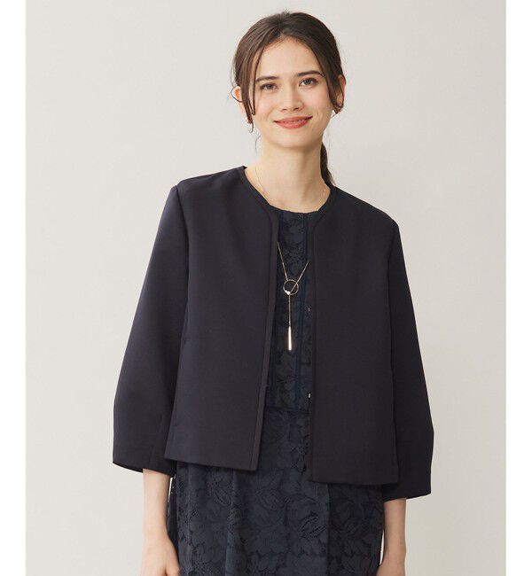 自由区「【洗える】グログランパフスリーブ ジャケット」|ノーカラージャケット|ﾀﾞｰｸﾈｲ