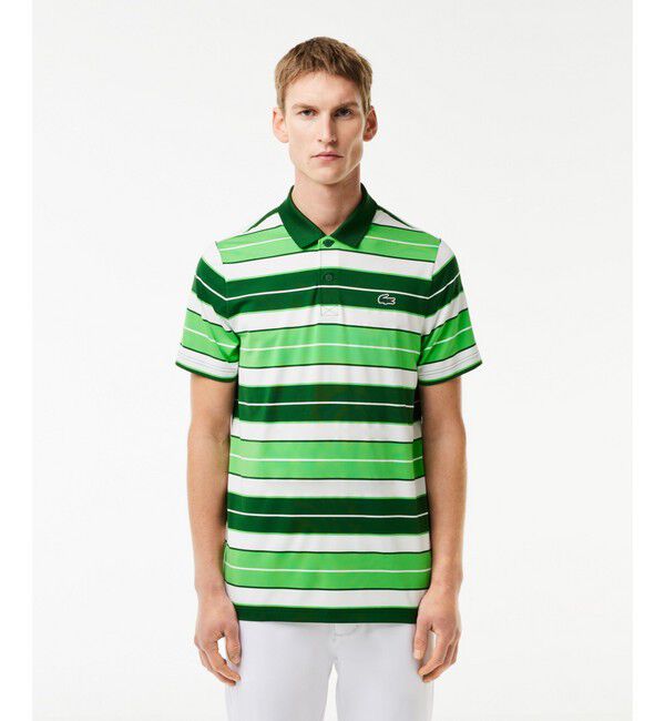 LACOSTE「UVカット UPF50+ マルチカラーボーダーウルトラドライポロシャツ」|ポロシャツ|グリーン