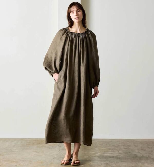  「WALANCE | リネン バルーンスリーブドレス WOMEN」|ワンピース|BROWN