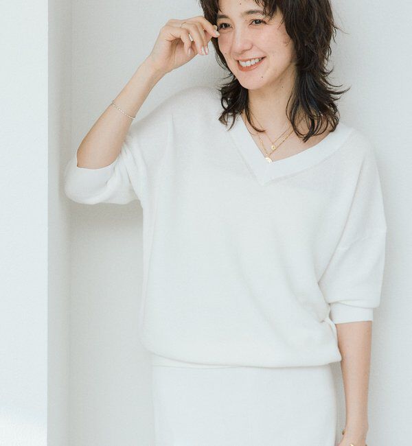  「【手洗い可能】ギマコットン片畦Vネックニット」|ニット・セーター|