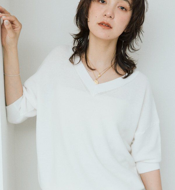  「【手洗い可能】ギマコットン片畦Vネックニット」|ニット・セーター|