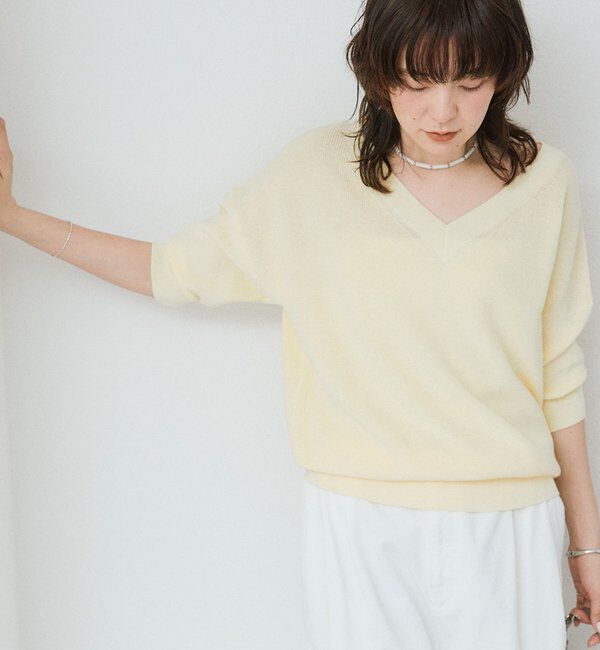  「【手洗い可能】ギマコットン片畦Vネックニット」|ニット・セーター|イエロー
