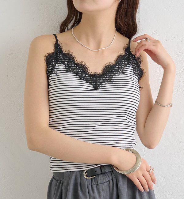  「パット付きボーダーレースキャミソール」|キャミソール|ブラック