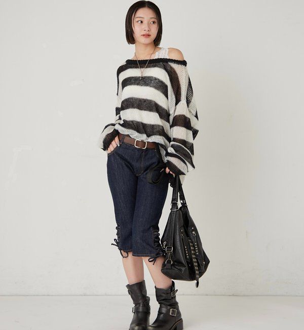  「レースアップデニムカプリパンツ」|デニム|