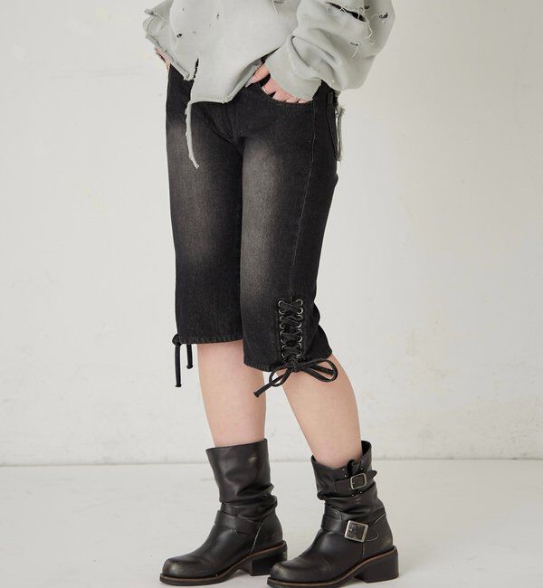  「レースアップデニムカプリパンツ」|デニム|