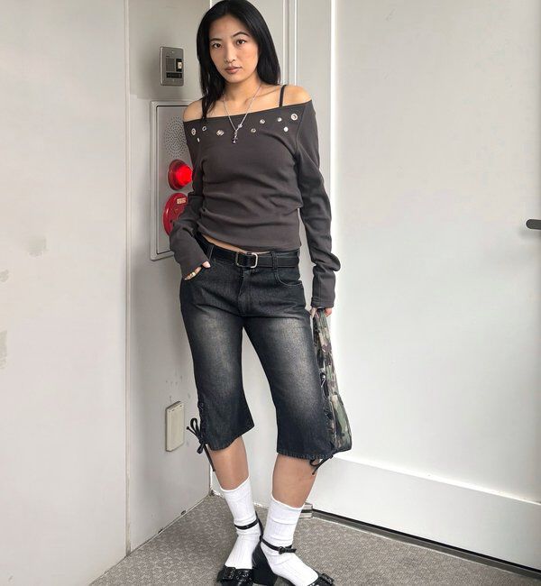  「レースアップデニムカプリパンツ」|デニム|