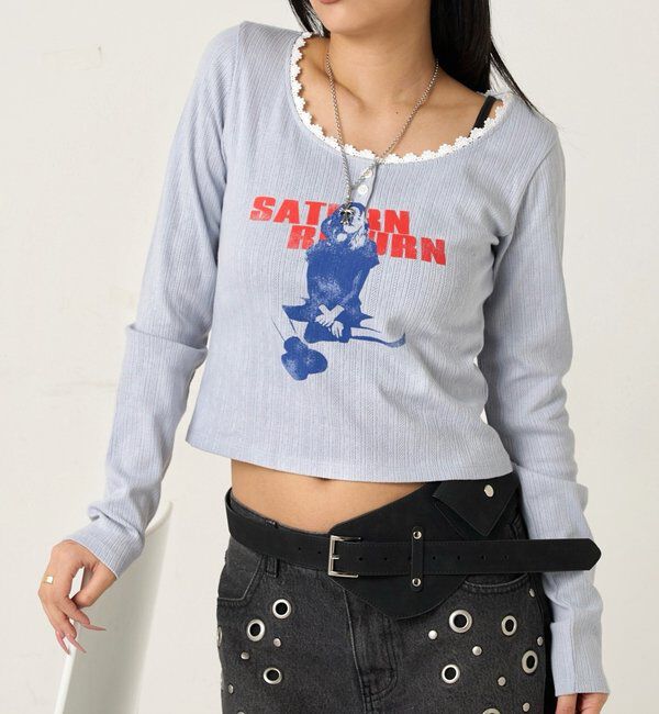  「シャーロットパターンメッシュトップス」|Tシャツ・カットソー|サックスブルー