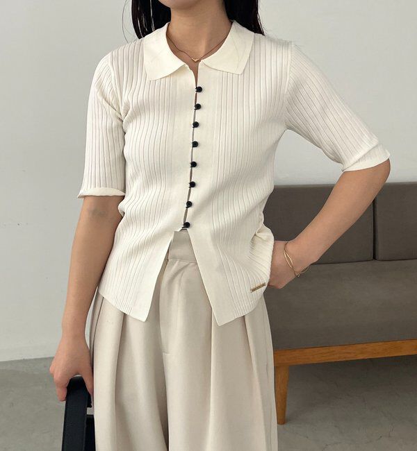  「【全骨格◎】ハーフスリーブポロニット」|カーディガン|