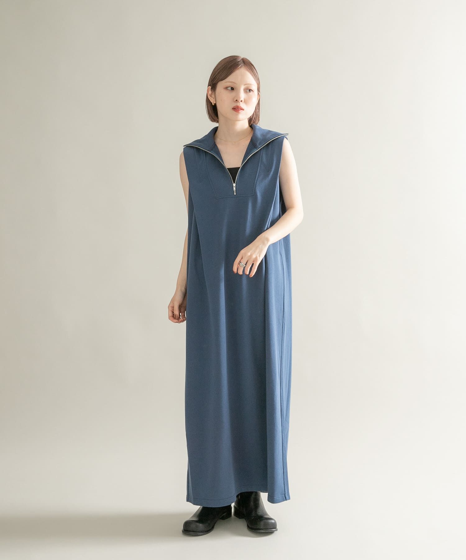  「ハーフZIPカットワンピース」|ワンピース|ネイビー
