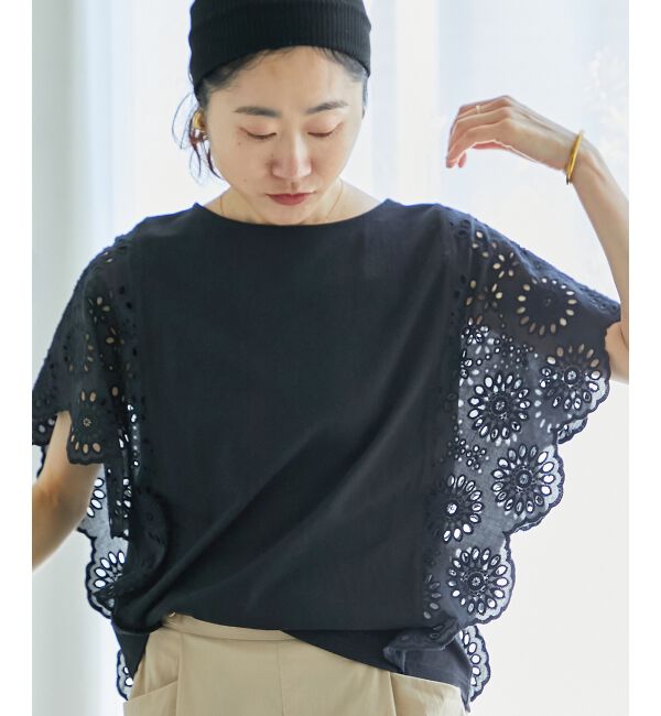  「《手洗い可能》スカラップレーススリーブカットソー」|Tシャツ・カットソー|