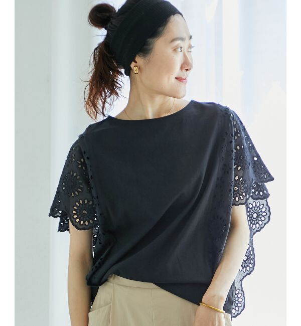  「《手洗い可能》スカラップレーススリーブカットソー」|Tシャツ・カットソー|