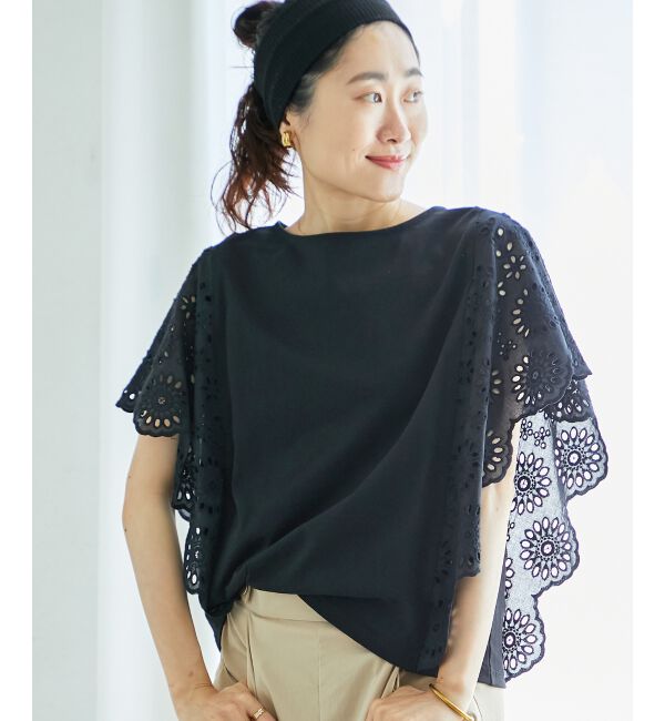  「《手洗い可能》スカラップレーススリーブカットソー」|Tシャツ・カットソー|ブラック