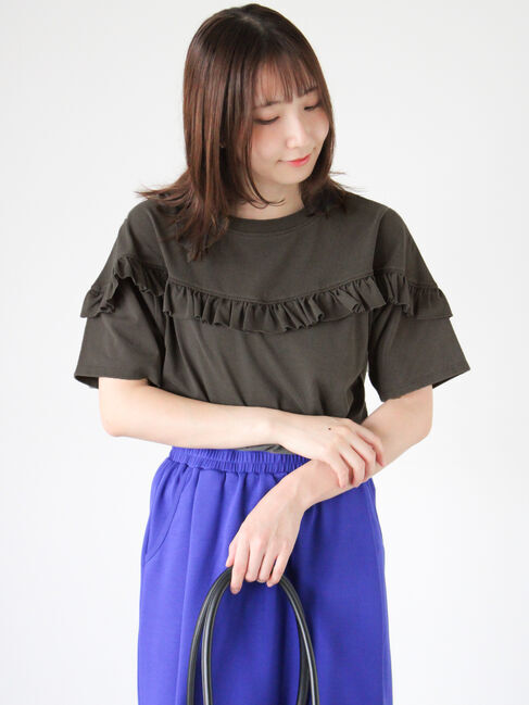 Te chichi TERRASSE「ピグメントVフリルTシャツ」|Tシャツ・カットソー|チャコールグレー
