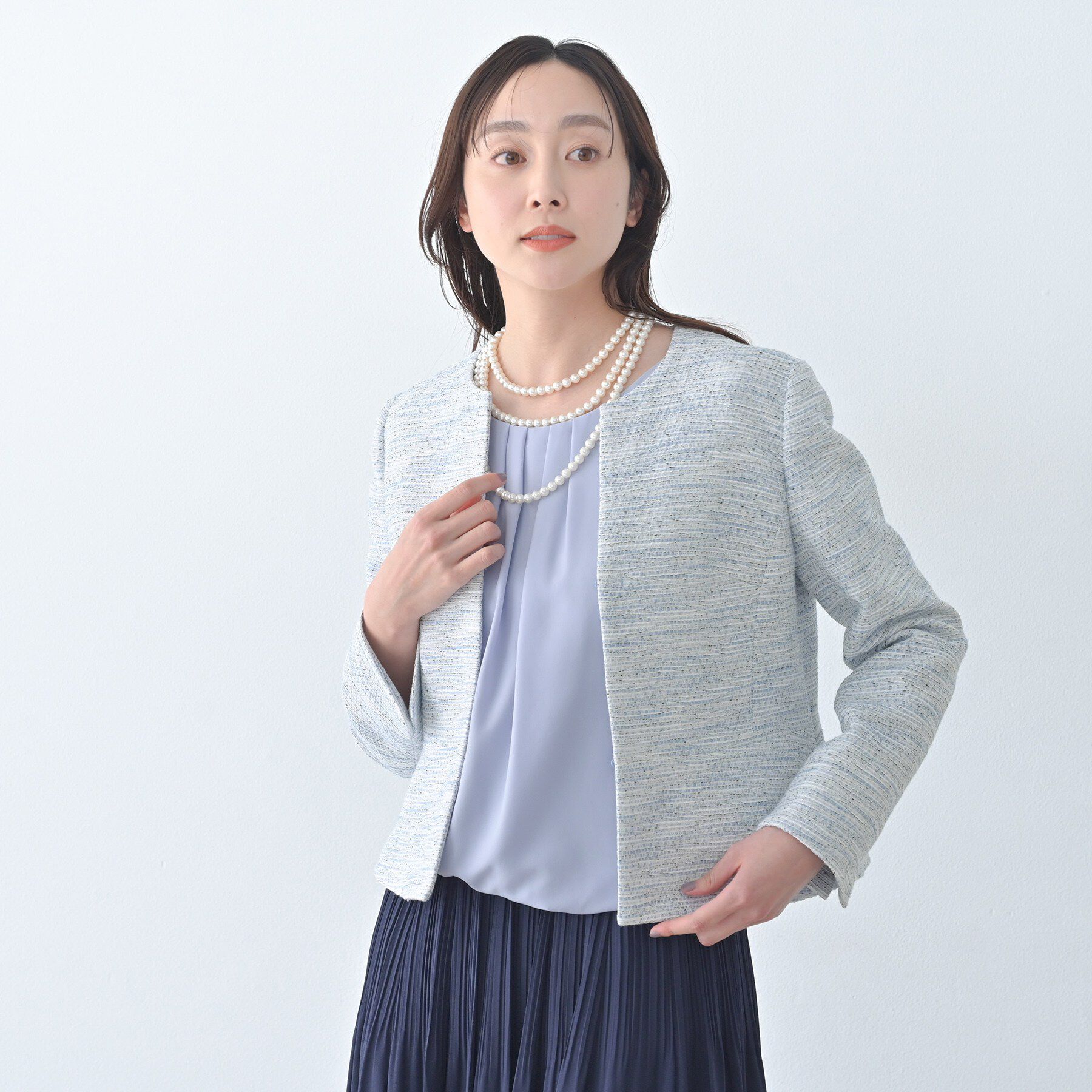 UNTITLED「【きれいめ】ツイード ペプラムジャケット」|ノーカラージャケット|