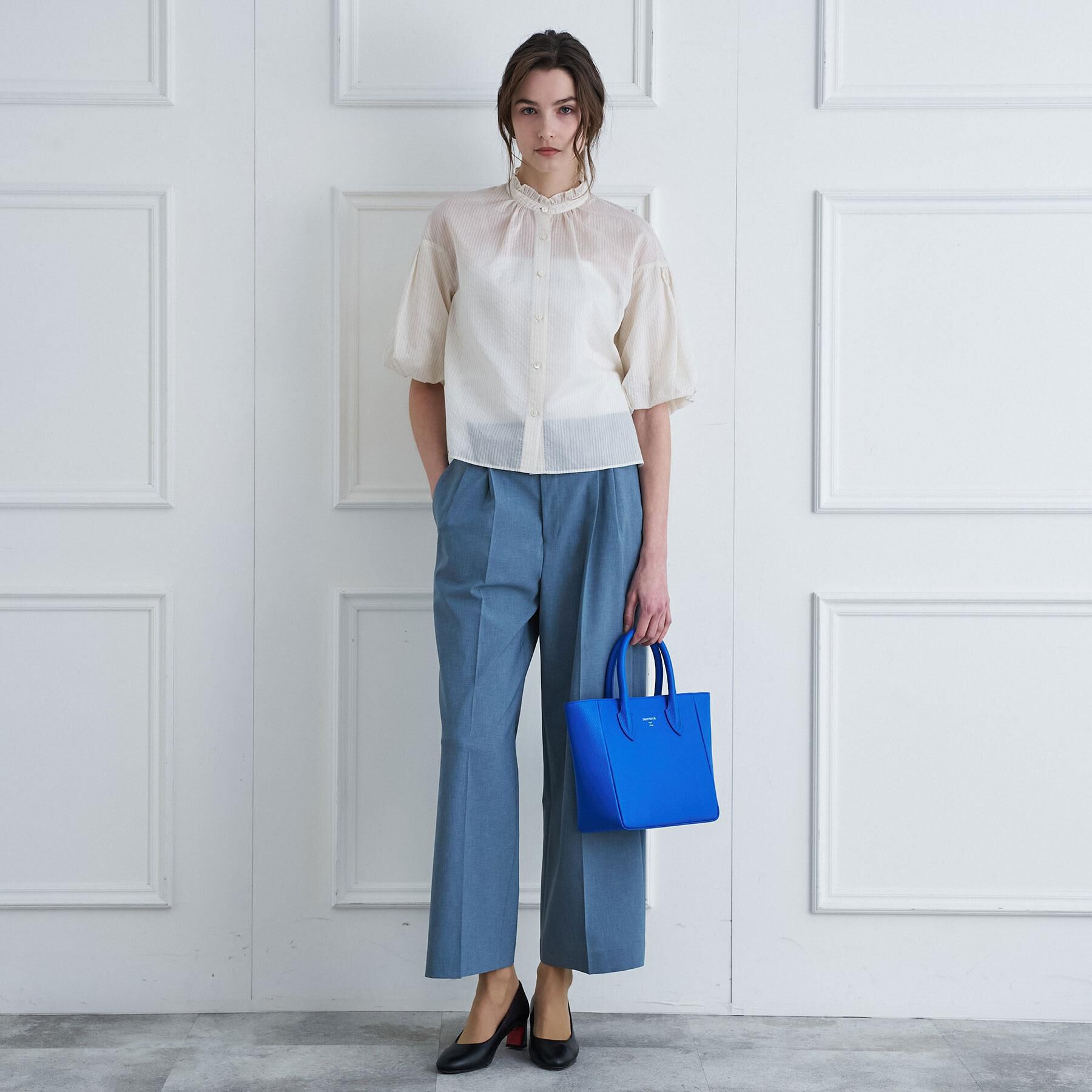 DRESSTERIOR「【1枚で着映え/ウォッシャブル】ストライプスタンドフリルボリュームスリーブブラウス」|シャツ・ブラウス|