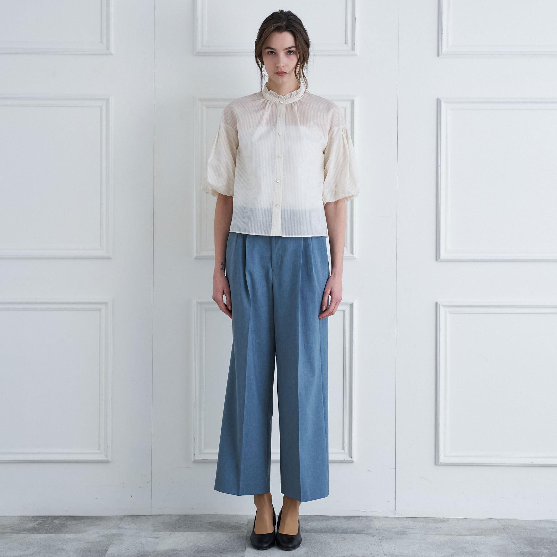 DRESSTERIOR「【1枚で着映え/ウォッシャブル】ストライプスタンドフリルボリュームスリーブブラウス」|シャツ・ブラウス|