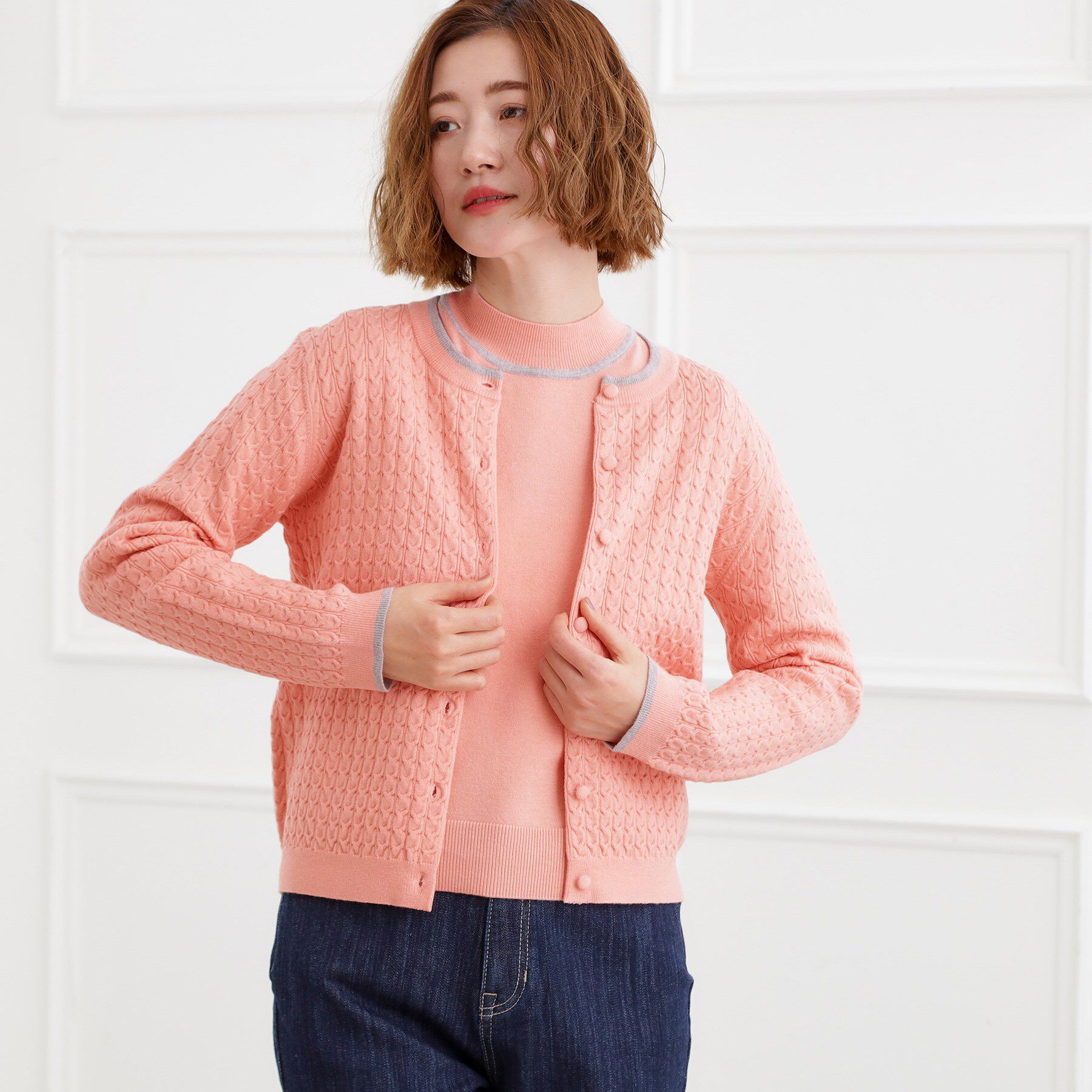 grove「ミニケーブルクルーネックカーディガン」|カーディガン|ライトピンク(870