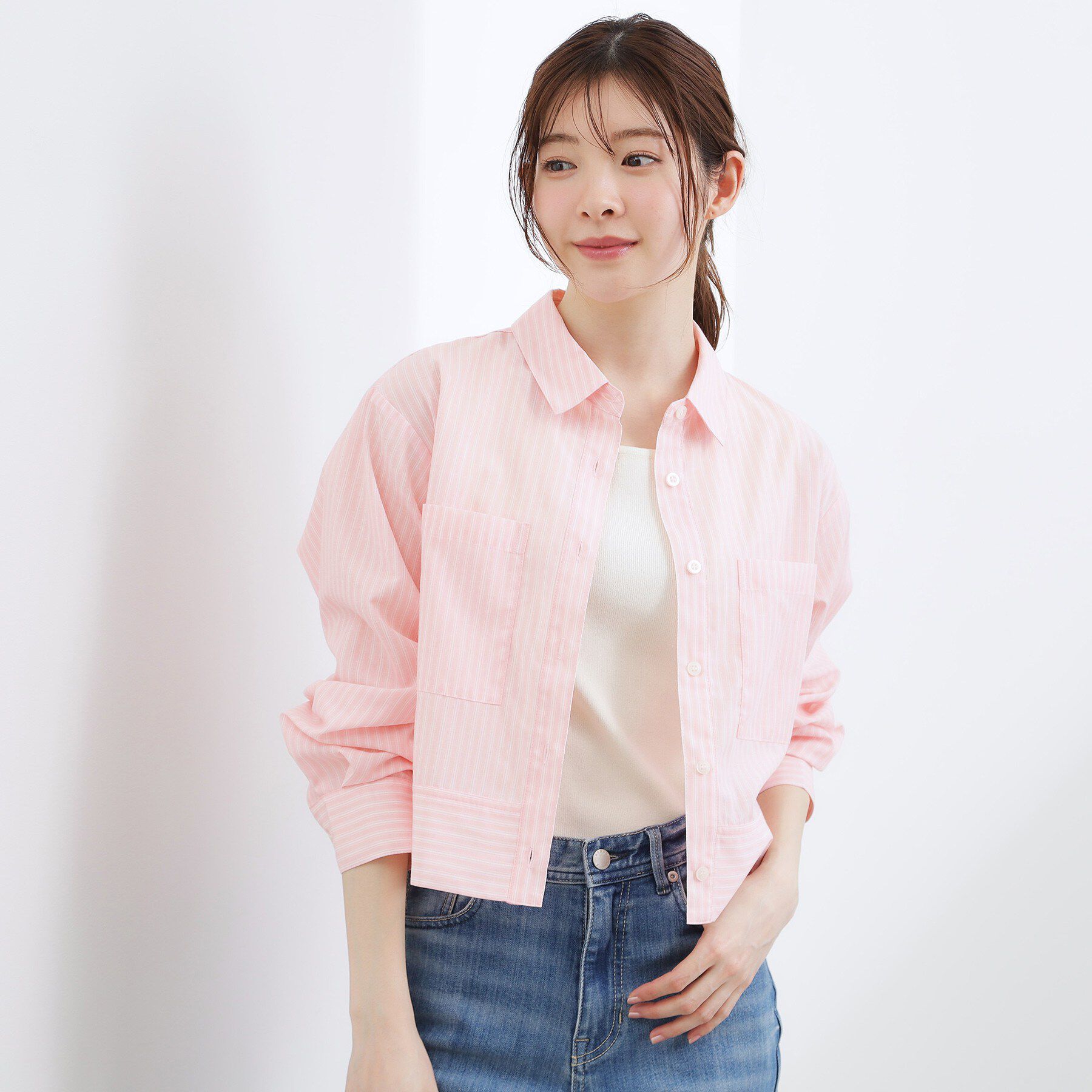 grove「【貴島明日香さん着用／イージーケア／接触冷感】麻ブレンドクロップドシャツ」|シャツ・ブラウス|ピンクストライプ(3