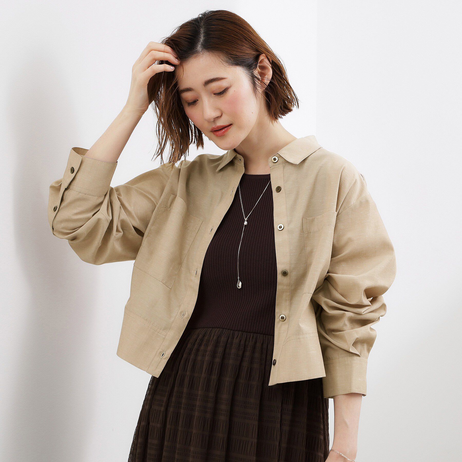 grove「【貴島明日香さん着用／イージーケア／接触冷感】麻ブレンドクロップドシャツ」|シャツ・ブラウス|