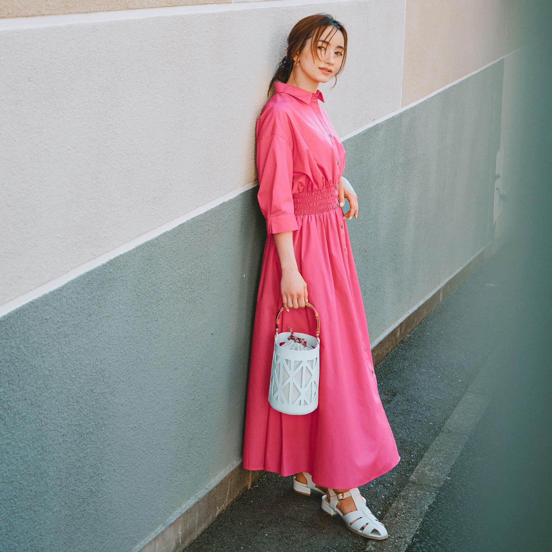 OPAQUE.CLIP「《5色展開》フィット＆フレアシャツワンピース【洗濯機洗い可】」|ワンピース|ピンク(072)